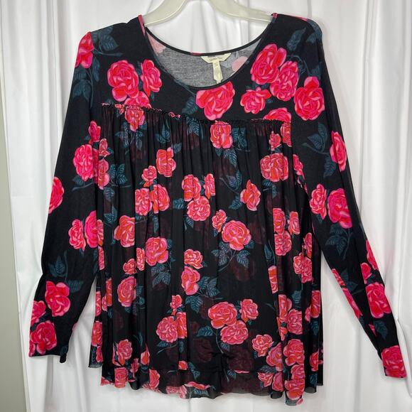 Matilda Jane shirt blouse top women's XL pink and red roses on black stretchy - Picture 10 of 16